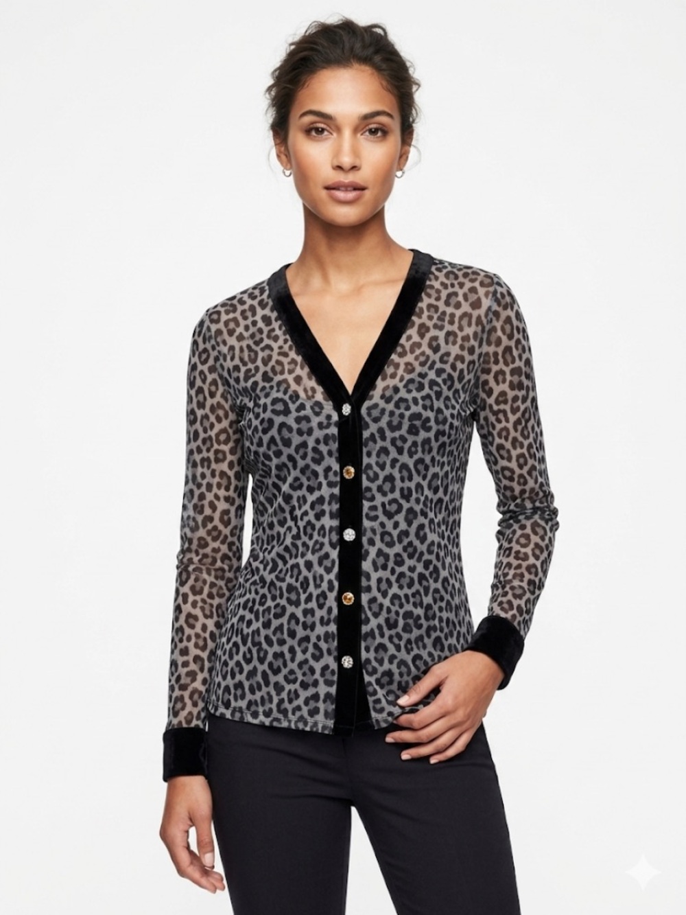 Inc International NWOT Sheer Leopard-Print Long Sleeve Button Down Top Stretchy